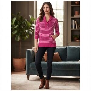 Banana Republic Pink White Striped Shawl Collar Pullover Sweatshirt Women L